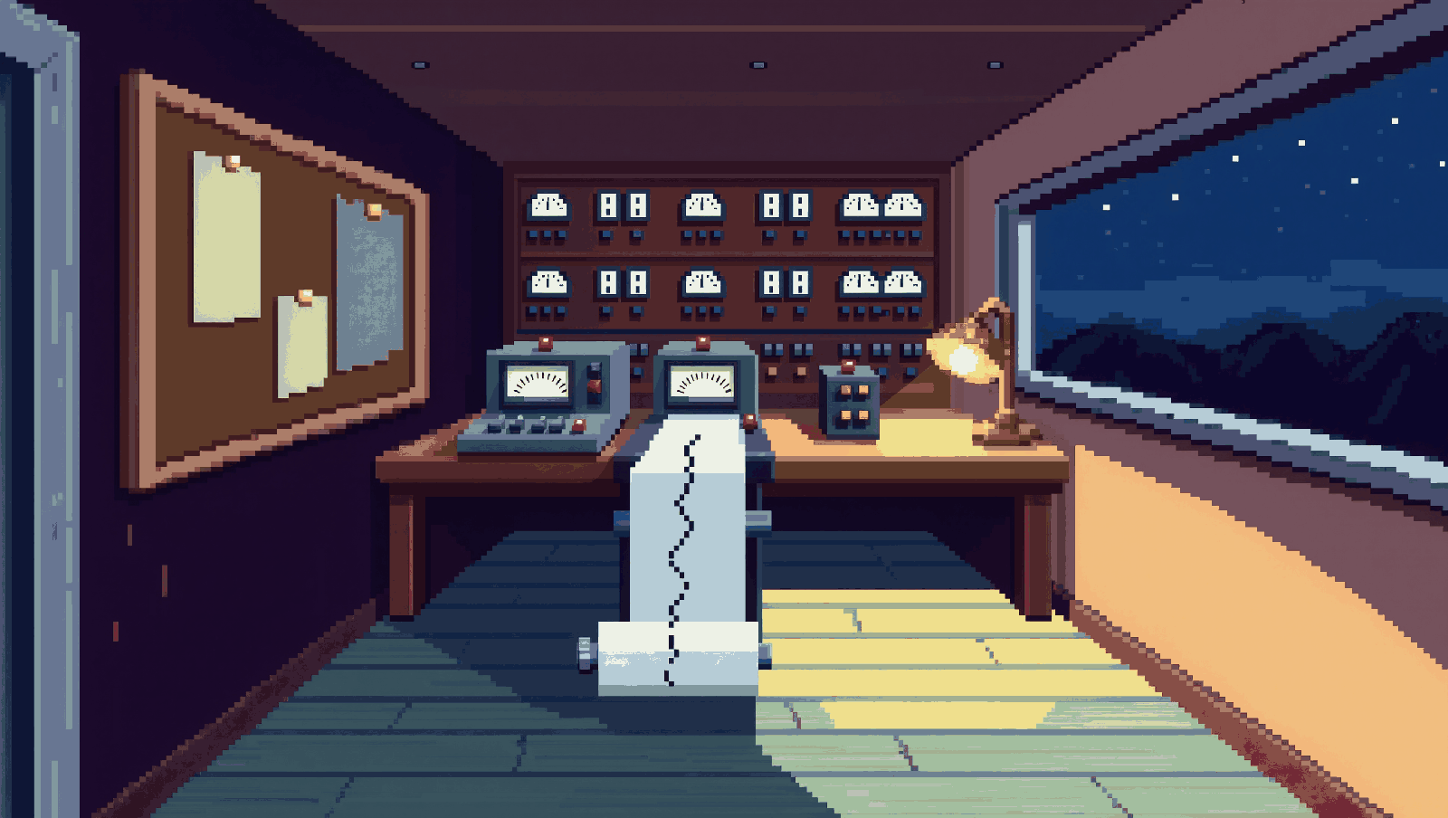 A seismograph station at night: a wall of dials, a paper recorder tracing a line, a corkboard of pinned slips